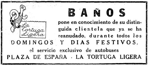 Anunci de la reanudaci� del servei d'autobusos entre Barcelona i els Banys 'La Tortuga Ligera' de Gav� Mar publicat al diari LA VANGUARDIA (12 de Juny de 1965)